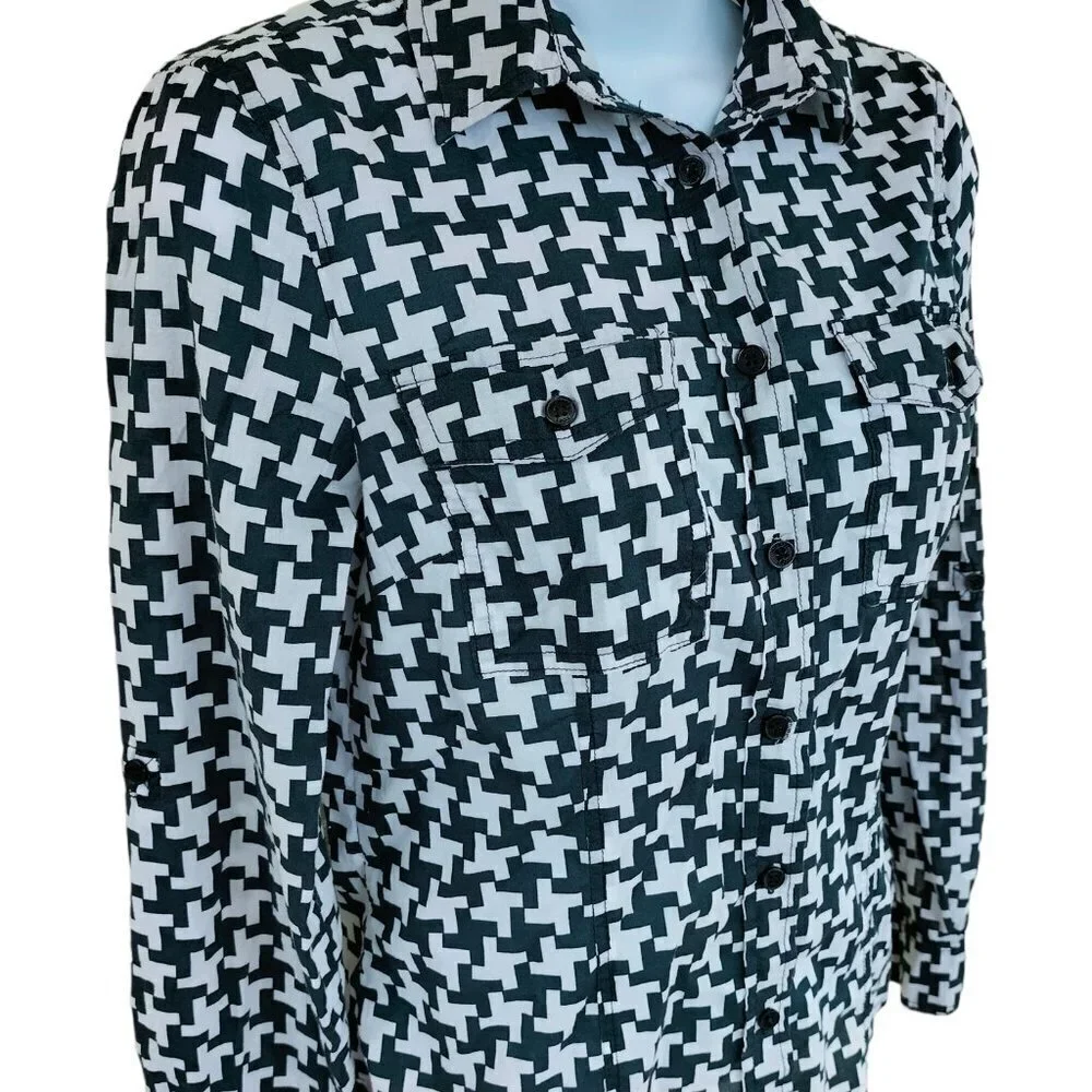 (013) Michael Kors Black & White Button Front Cotton Shirt Size S